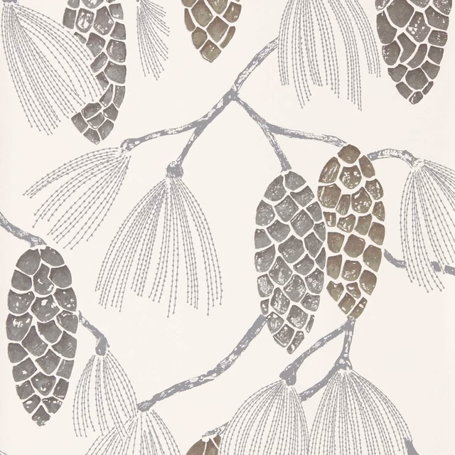 Chalk wallpaper with silvery-grey pine cones, branches and fine hanging needle sprays