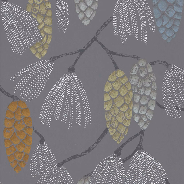 Smoke grey wallpaper with white dotted sprays and muted duck-egg botanical cones