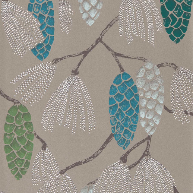 Turquoise, pea green and gilver hanging botanicals on a taupe wallpaper ground