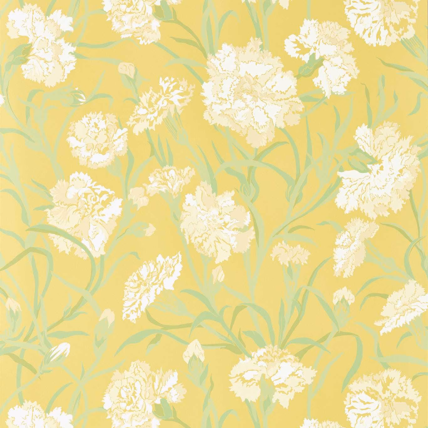 Pale honey wallpaper with chalk ruffled blooms and clover-green winding stems