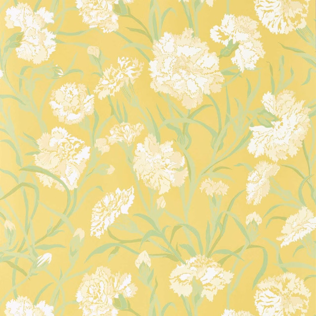 Pale honey wallpaper with chalk ruffled blooms and clover-green winding stems