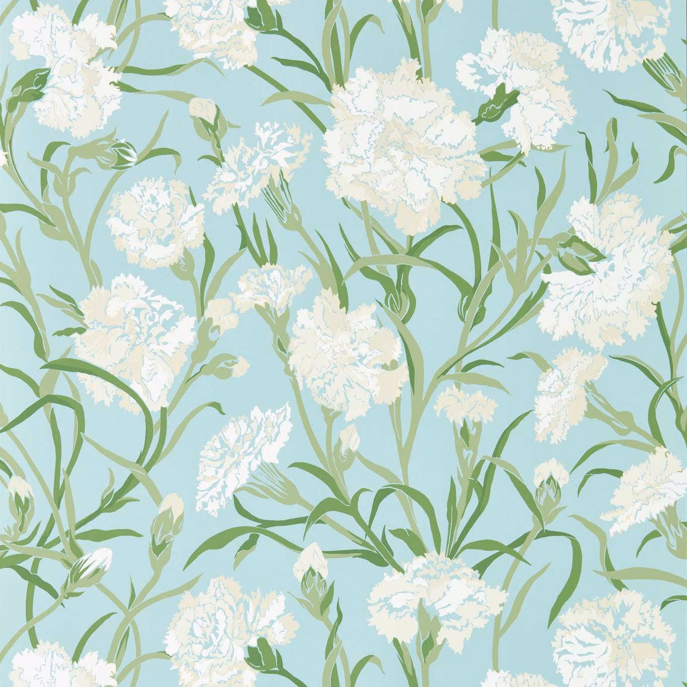 Sky-blue wallpaper with chalk-white flowers and emerald, sage-green curling stems