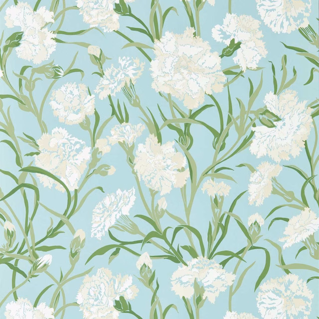 Sky-blue wallpaper with chalk-white flowers and emerald, sage-green curling stems