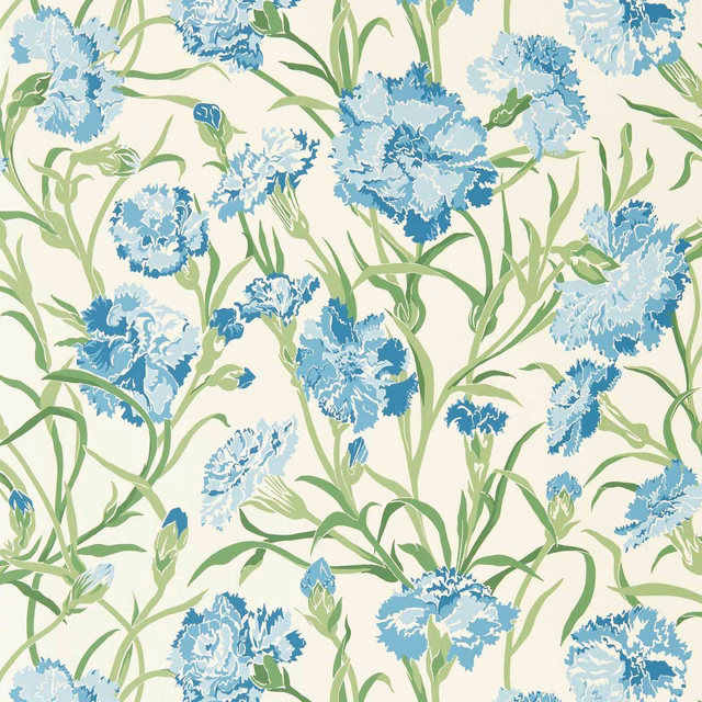 Cream wallpaper with large French blue flowers and curling succulent green stems