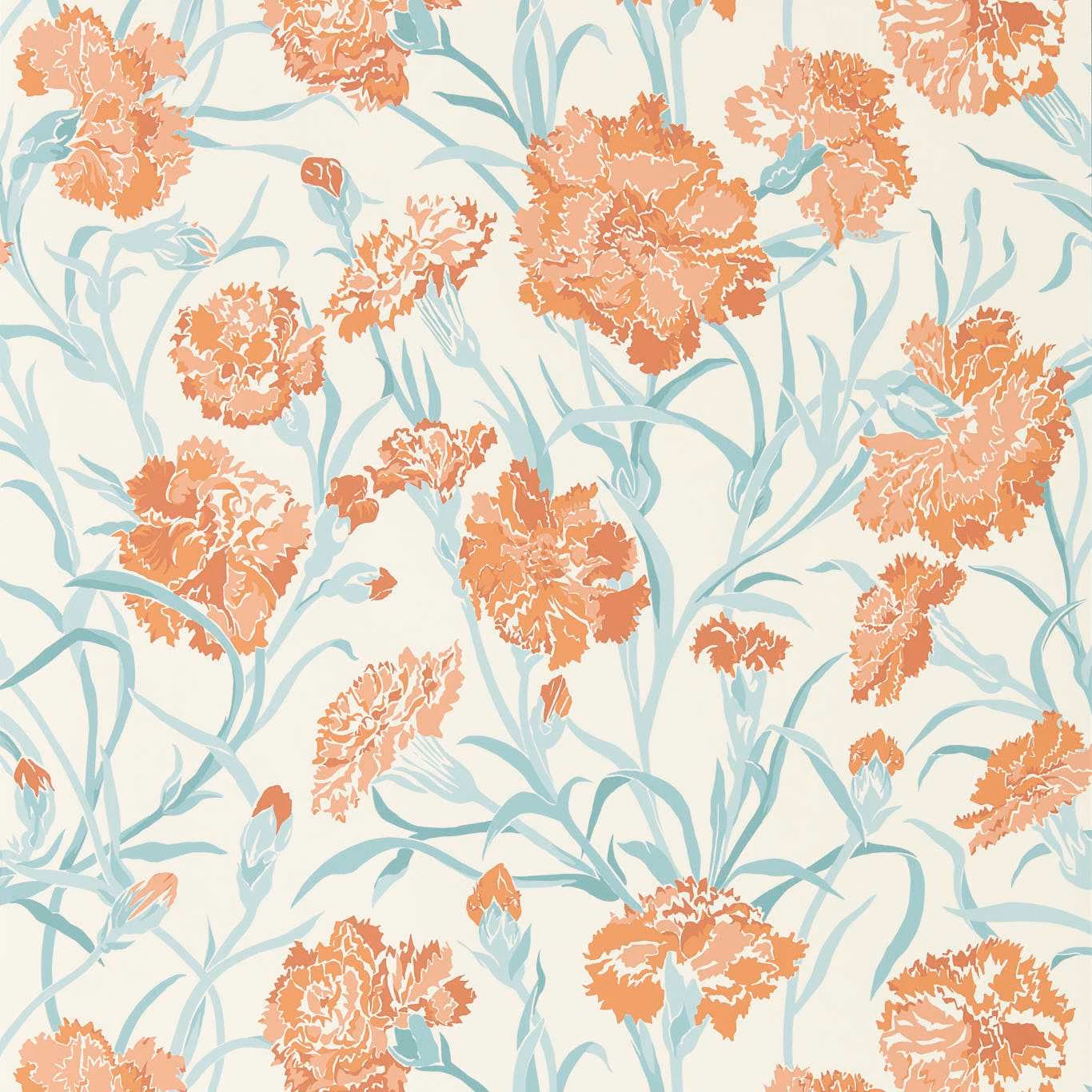 Paprika floral blooms with aqua curling stems on a pale cream wallpaper ground