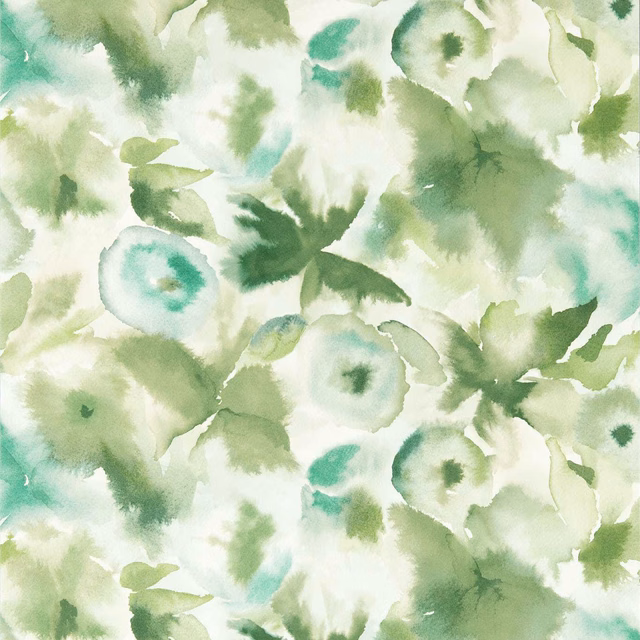 Watercolour floral wallpaper in clover green, Kelly green and pale aqua