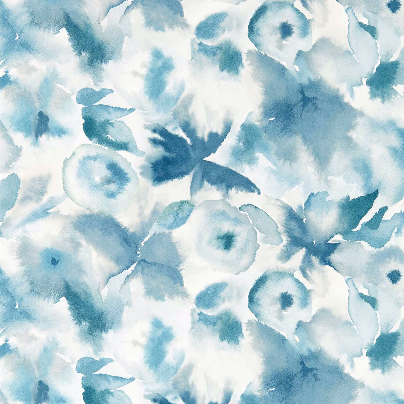 Cool blue watercolour floral wallpaper with pale aqua blooms and denim accents