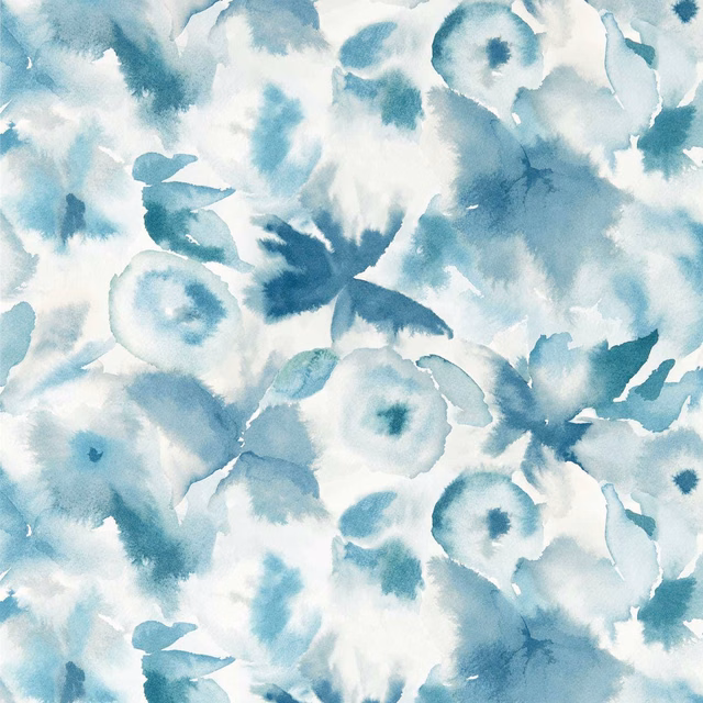 Cool blue watercolour floral wallpaper with pale aqua blooms and denim accents