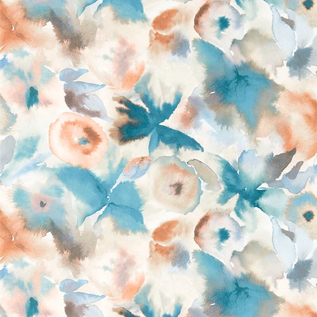 Watercolour floral wallpaper in aqua, coral, cream and muted teal washes