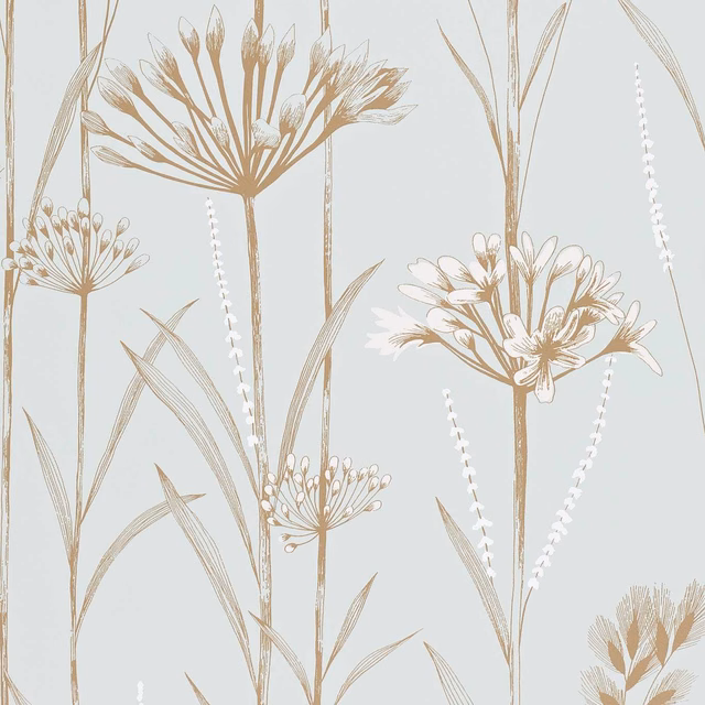Pale seafoam wallpaper with tall gold stems, seed heads and clustered botanical blooms