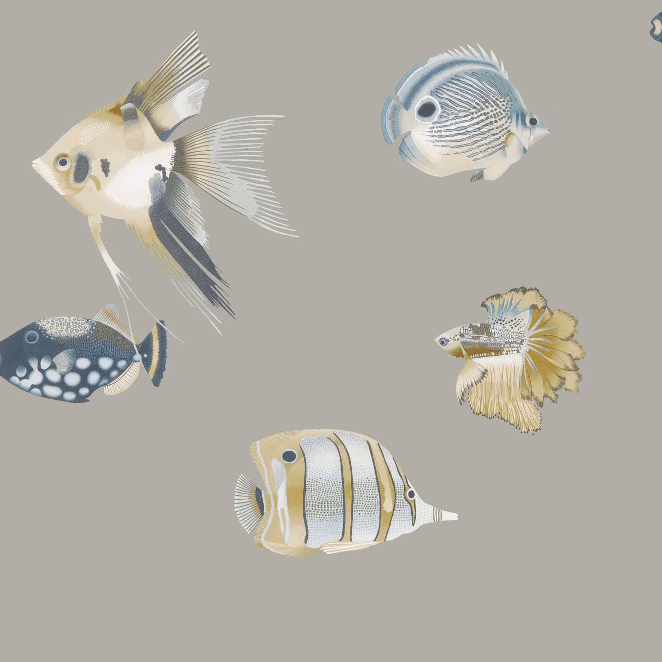 Graphite wallpaper with illustrated cream, mustard and blue-grey fish motifs