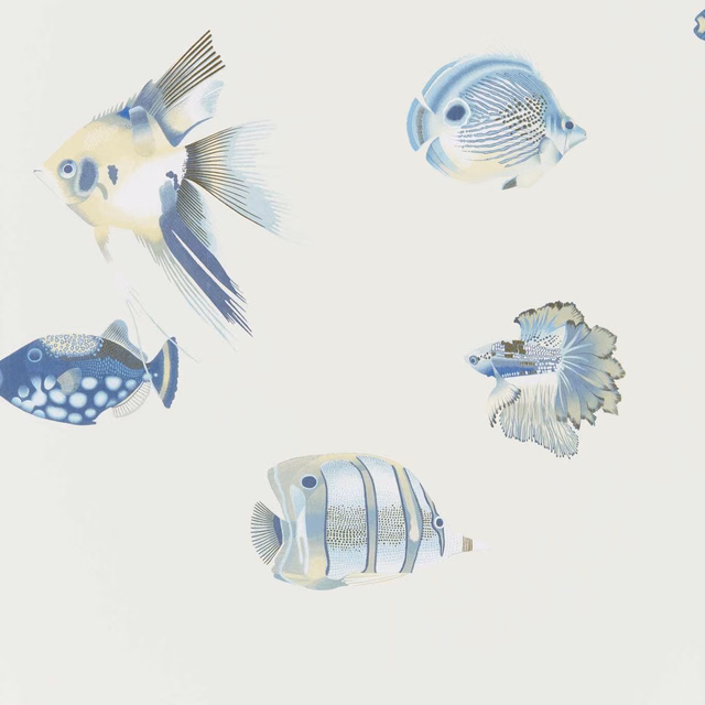 Illustrated indigo and pale blue fish across a soft pebble wallpaper ground
