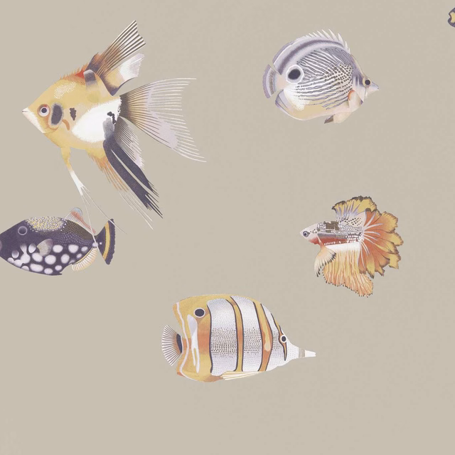 Large illustrated fish in ochre, lilac, black and cream on a taupe ground