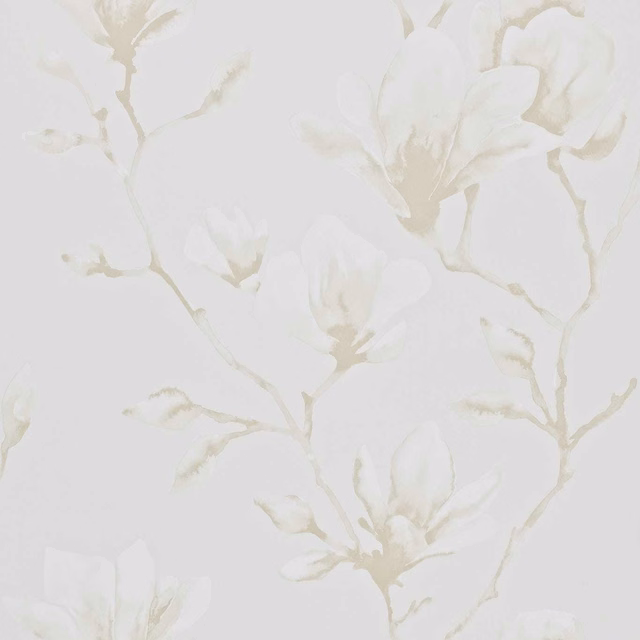 Pearl white wallpaper with softly shaded ivory magnolia flowers and slender botanical stems