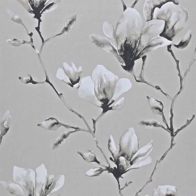 Silver-grey wallpaper with white magnolia blooms and charcoal inked branches