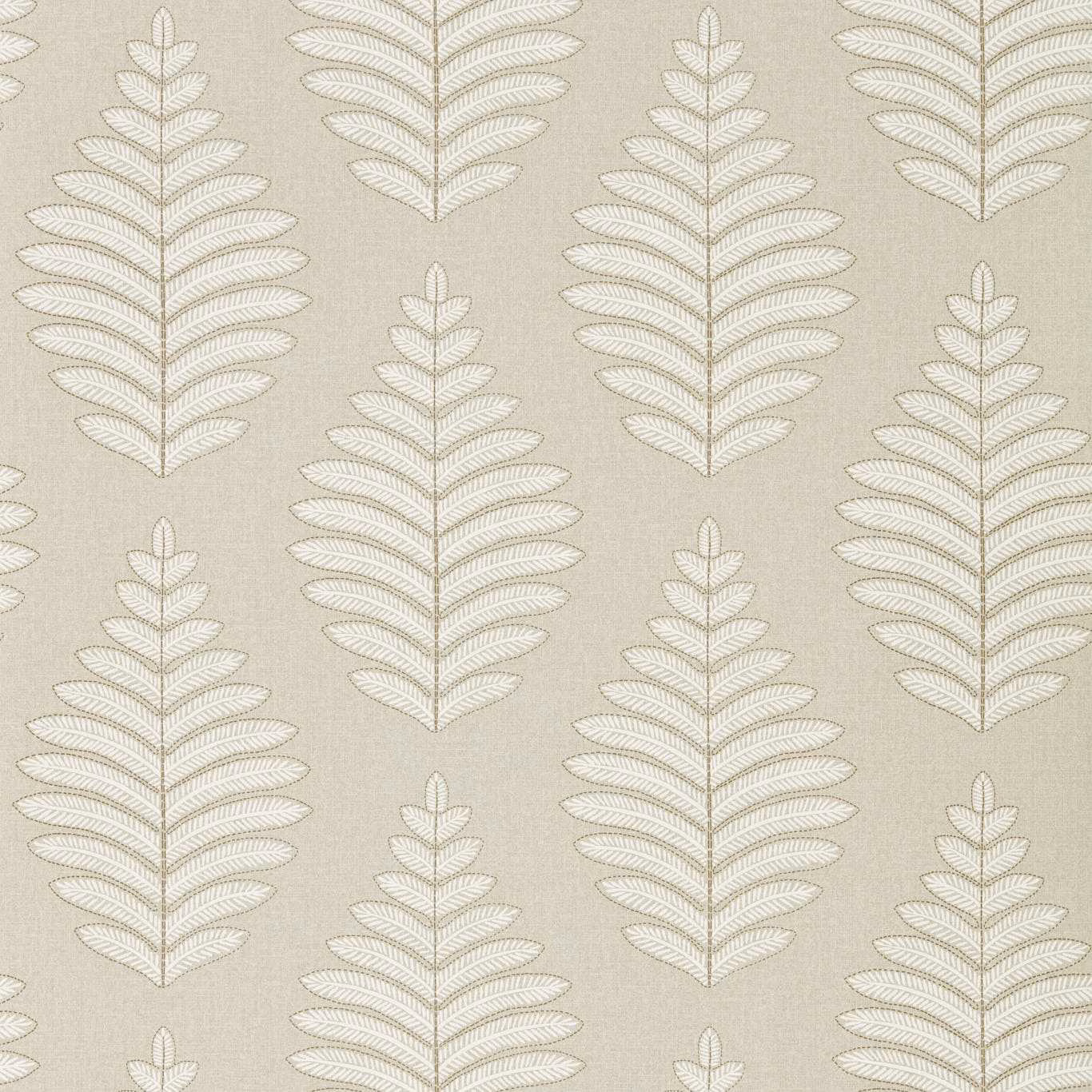 Chalk fern fronds arranged across a softly textured linen-beige wallpaper ground