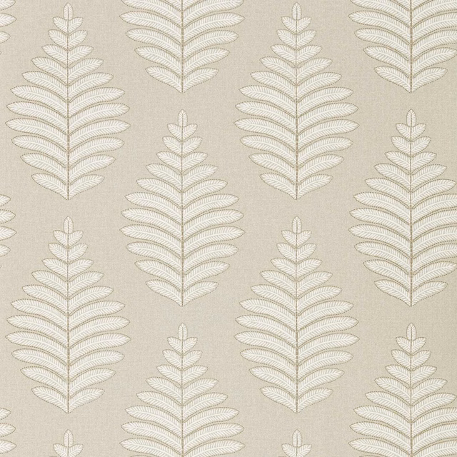 Chalk fern fronds arranged across a softly textured linen-beige wallpaper ground