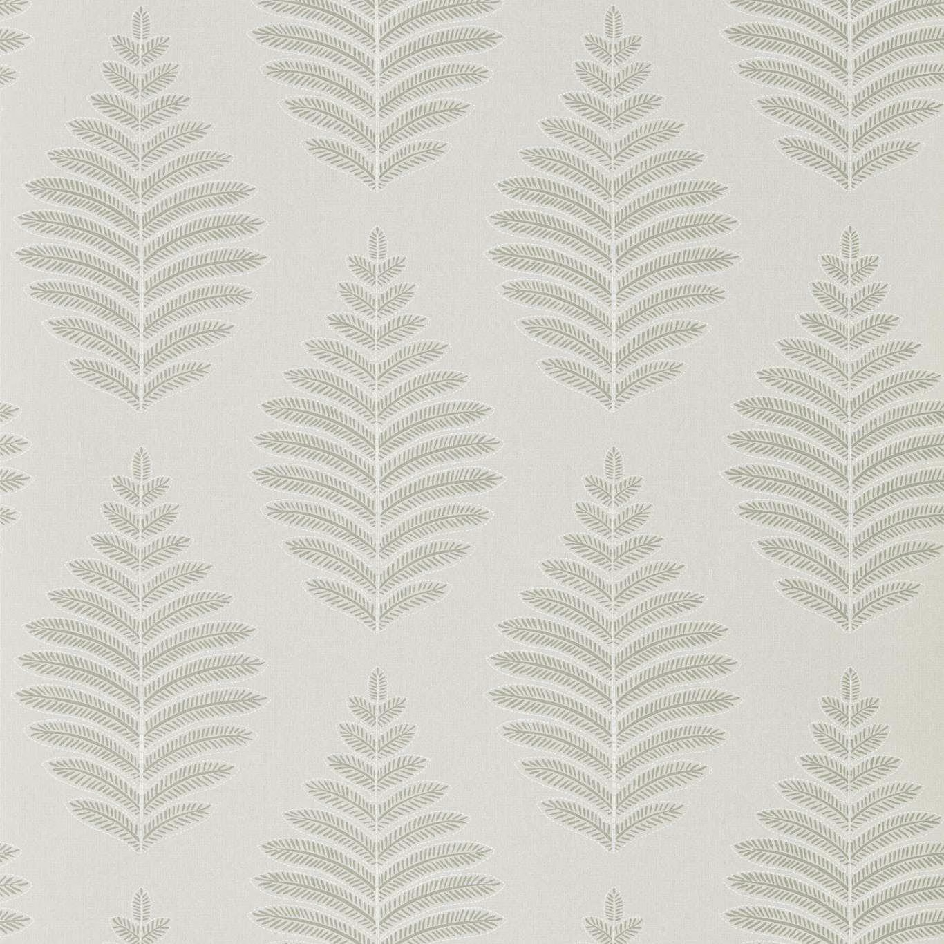 Putty-grey leafy sprigs repeating across a softly textured chalk wallpaper ground