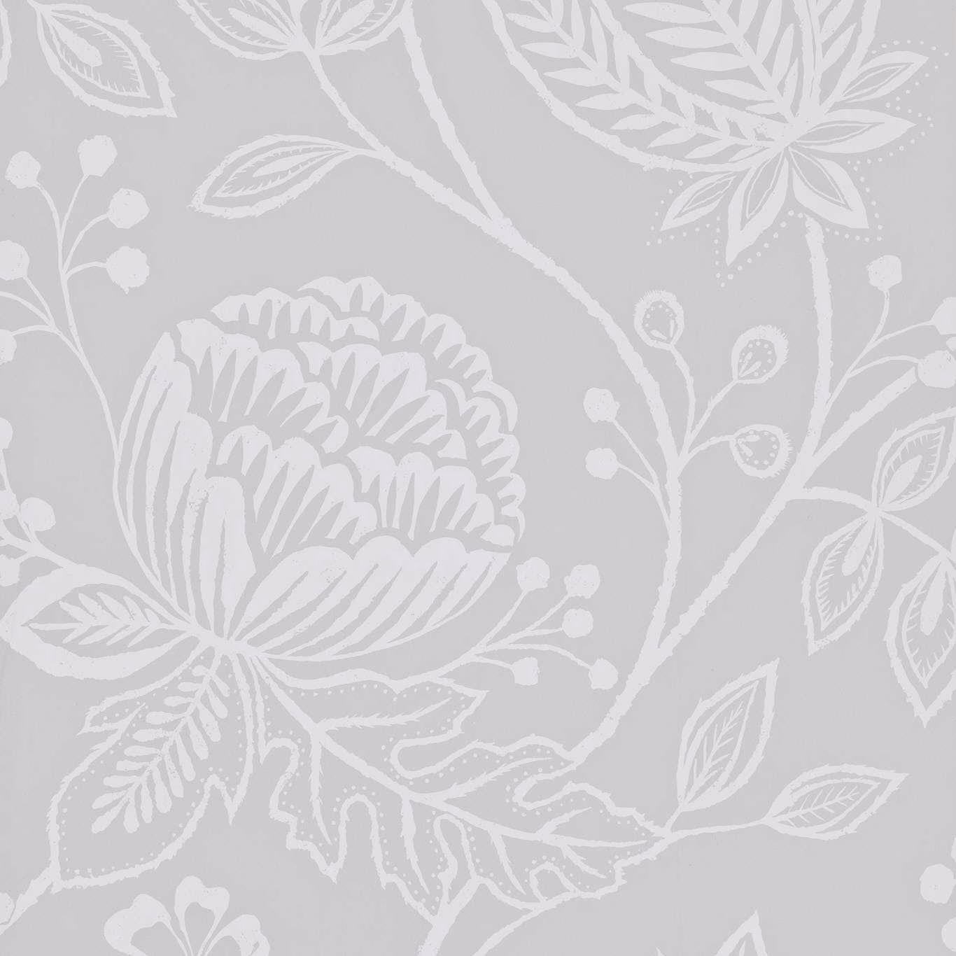 Soft pebble-grey wallpaper with white outlined flowers, leaves and branching stems