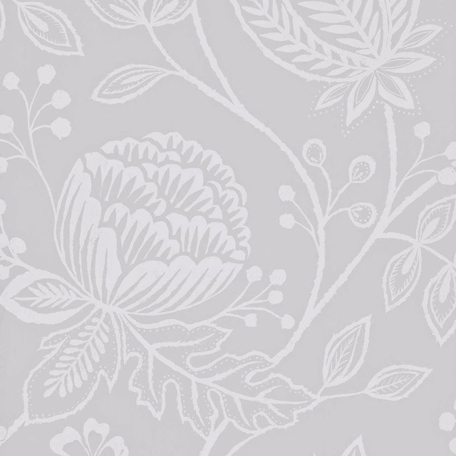 Soft pebble-grey wallpaper with white outlined flowers, leaves and branching stems