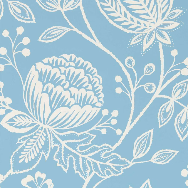 Pale sky-blue wallpaper with oversized ivory flowers, leaves and fine botanical stems.