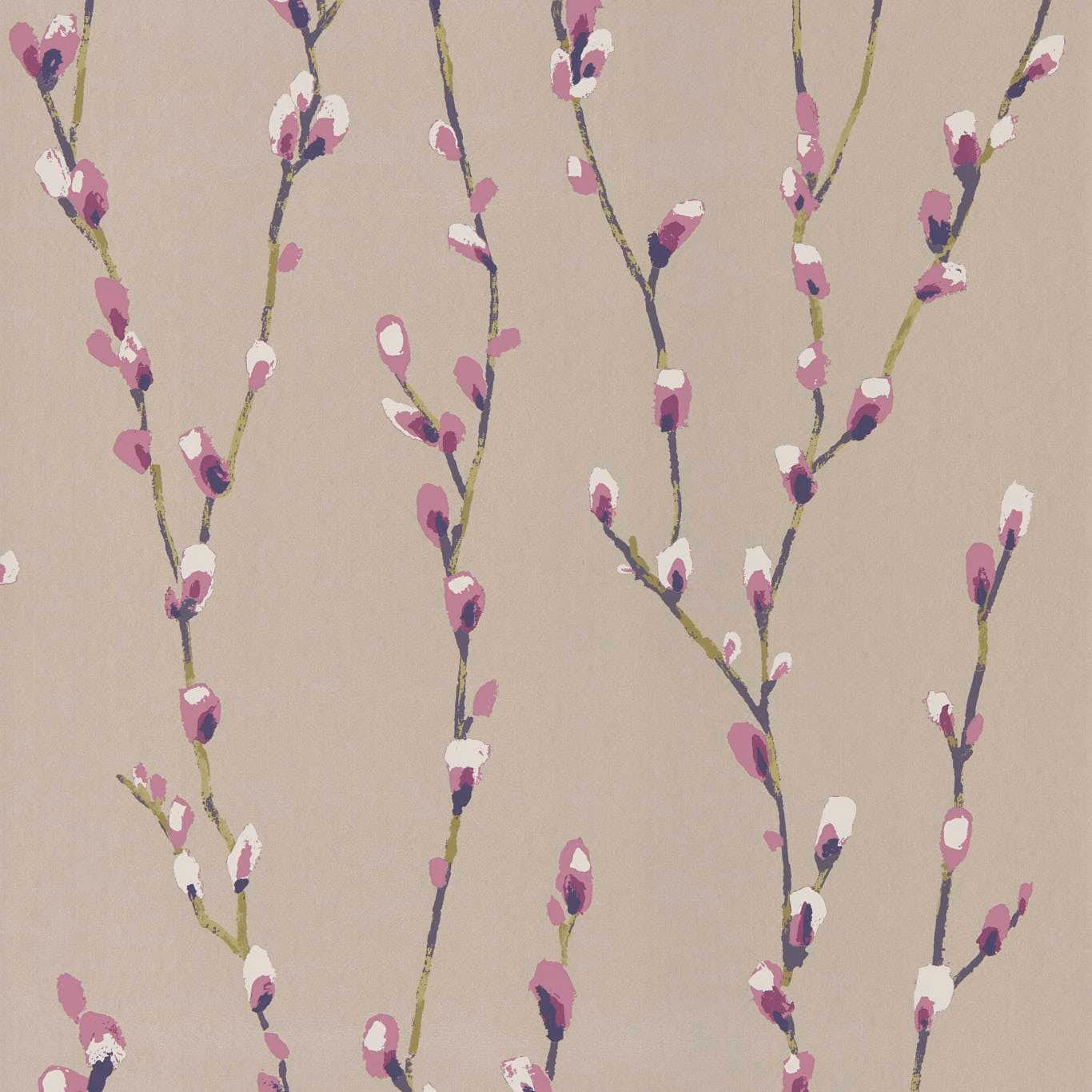 Mauve and ivory blossom branches on a softly taupe wallpaper ground