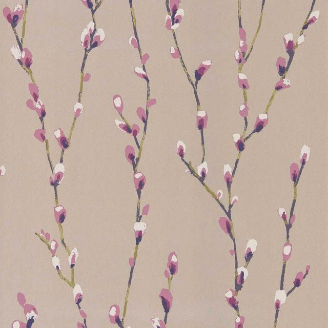 Mauve and ivory blossom branches on a softly taupe wallpaper ground