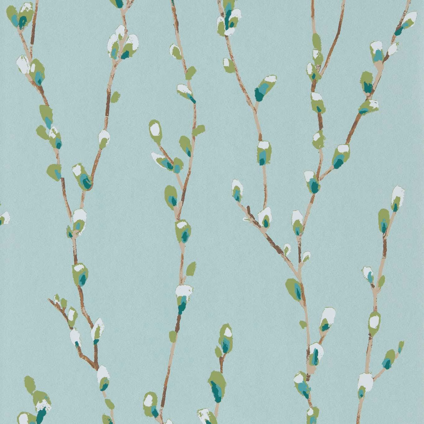 Mint teal wallpaper with brown twig trails, emerald leaves and white blossoms