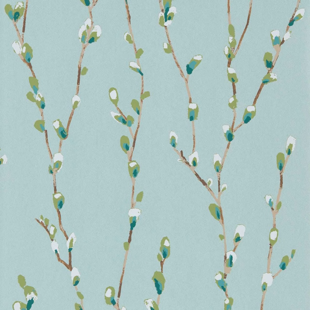 Mint teal wallpaper with brown twig trails, emerald leaves and white blossoms