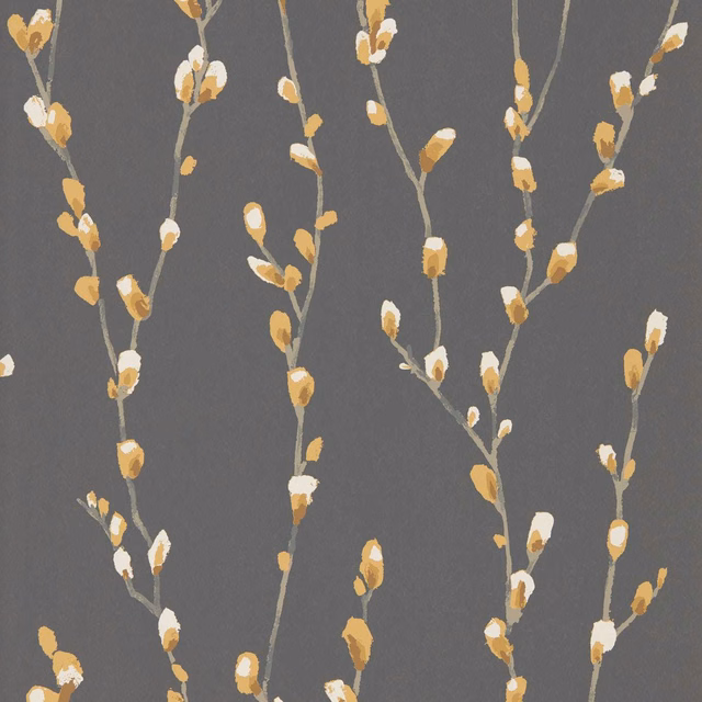 Charcoal wallpaper with scattered ochre and cream budding branches in vertical sprays