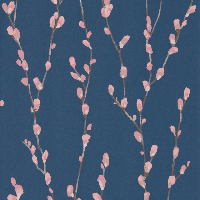 Deep navy wallpaper with scattered painterly pink blossom branches and brown stems