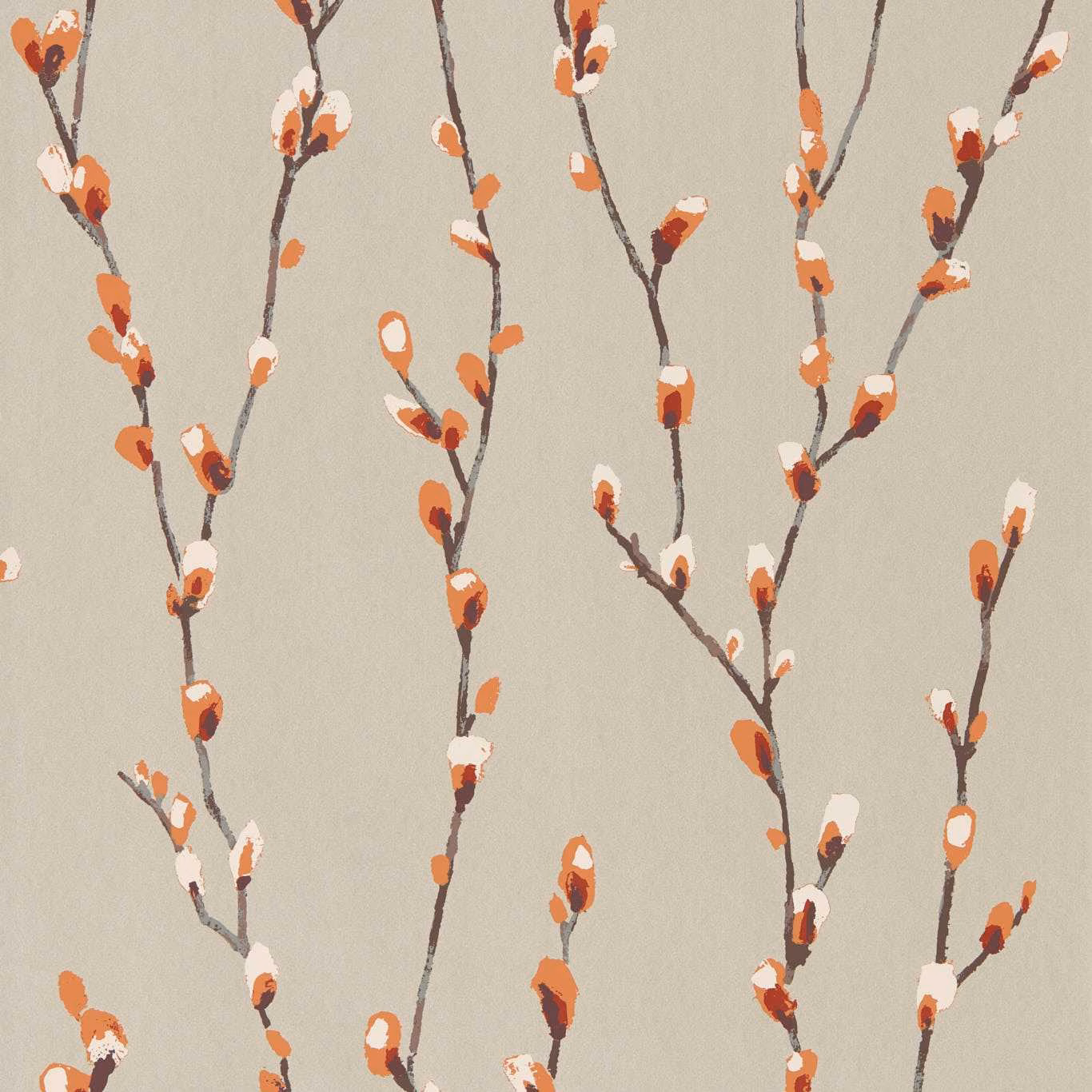 Warm stone-grey wallpaper with tangerine and ivory buds on dark branching stems