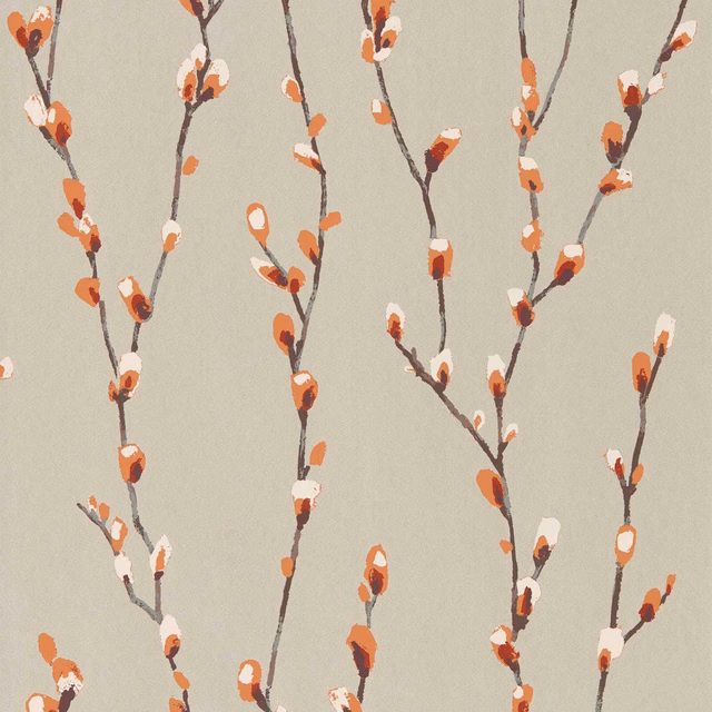 Warm stone-grey wallpaper with tangerine and ivory buds on dark branching stems