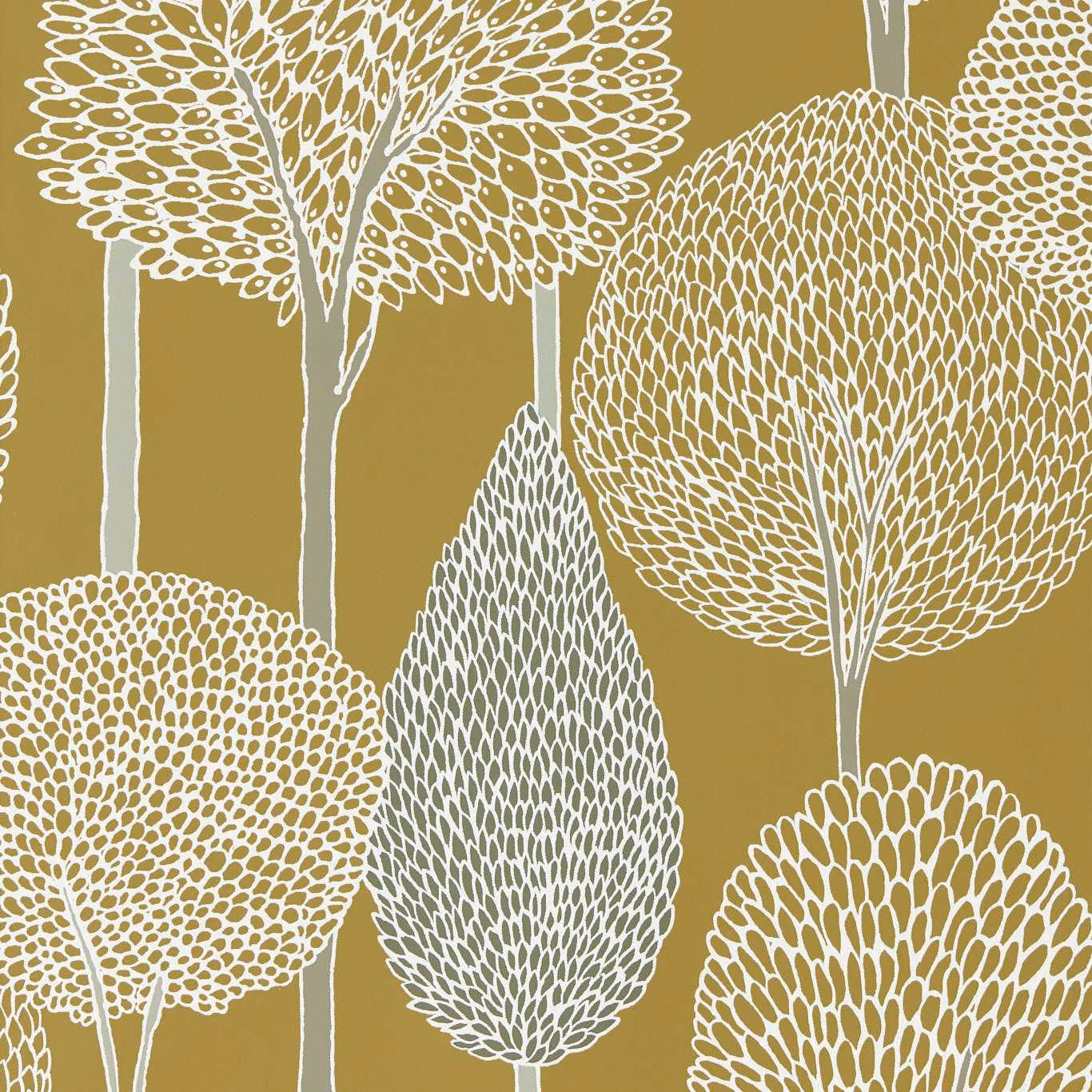 Cream outlined tree canopies and trunks on a muted ochre-taupe wallpaper ground