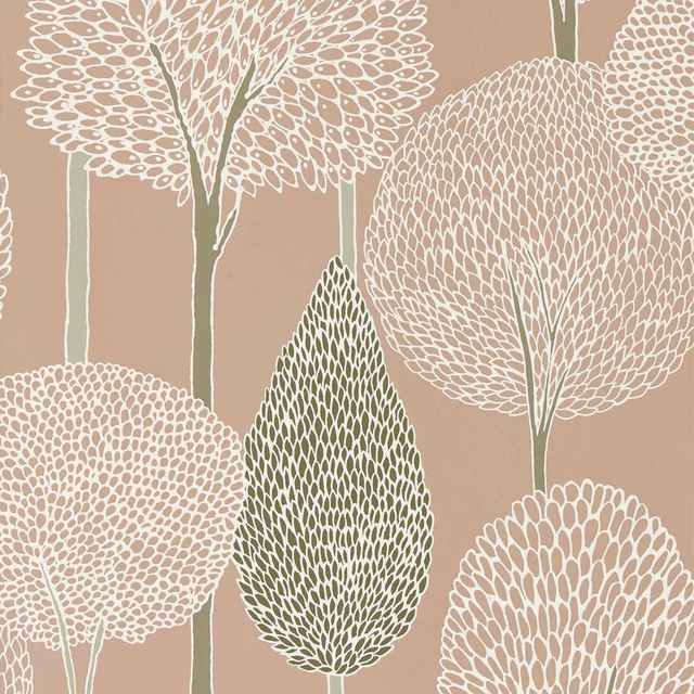 Warm taupe wallpaper with olive and chalk outlined, rounded botanical tree forms