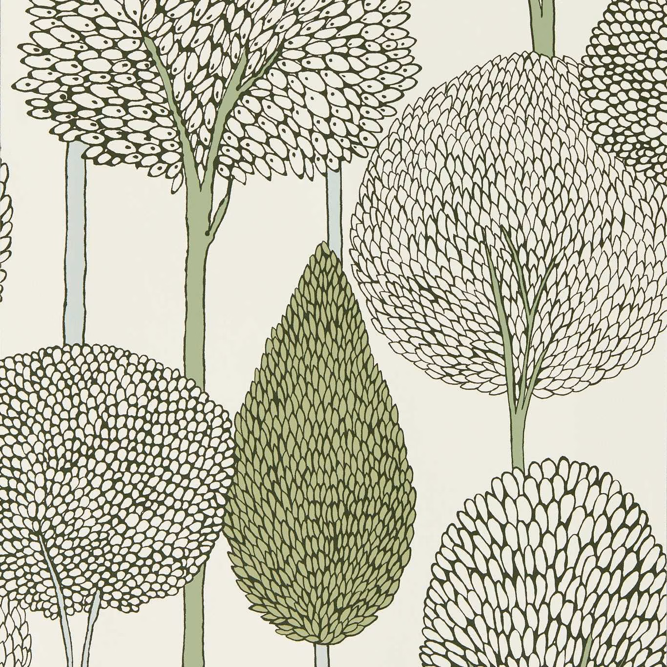 Seaglass wallpaper with forest-green stylised trees and dense leaf motifs