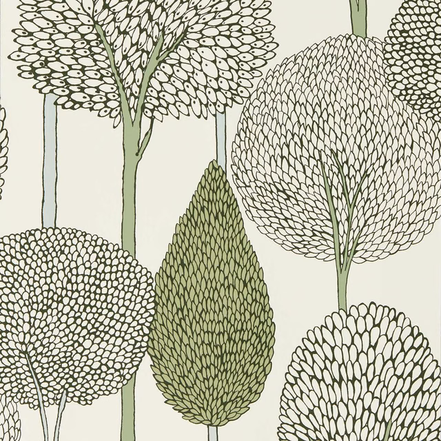 Seaglass wallpaper with forest-green stylised trees and dense leaf motifs