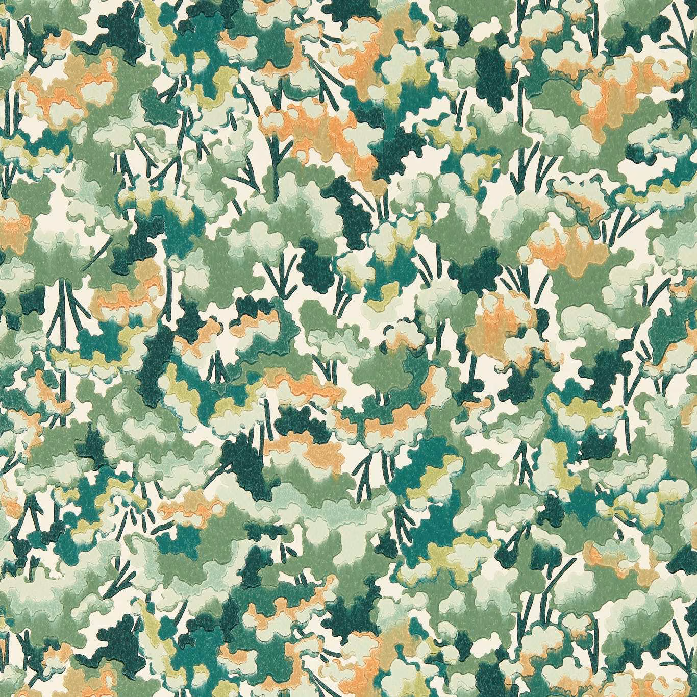 Painterly evergreen and forest foliage with clay accents on a pale ground