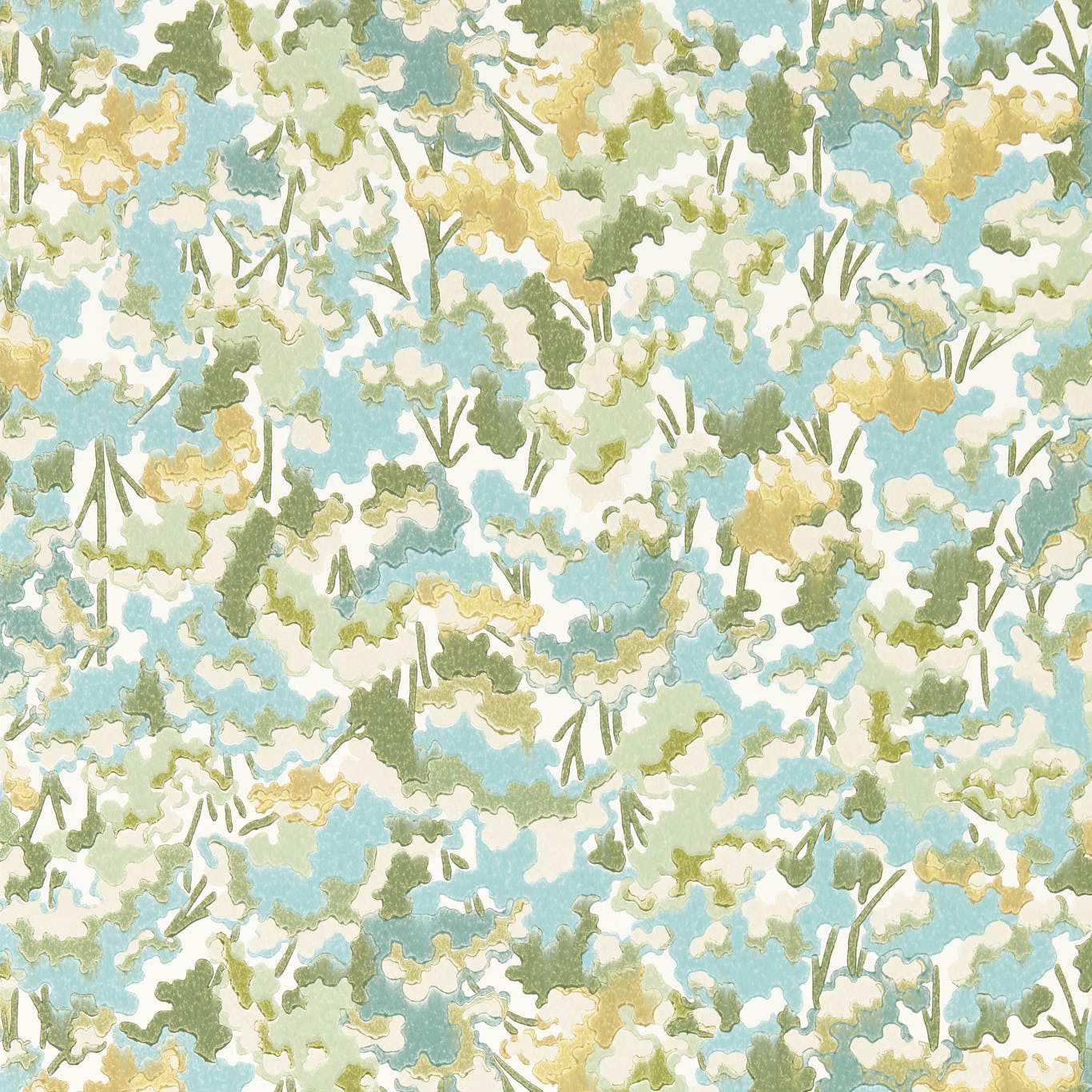 Pale sky-blue wallpaper with honey and clover treetop motifs on a light ground