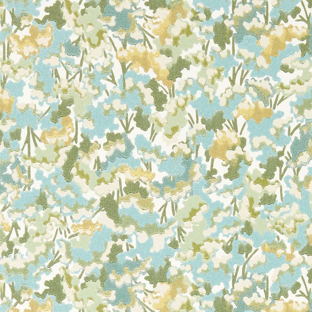Pale sky-blue wallpaper with honey and clover treetop motifs on a light ground