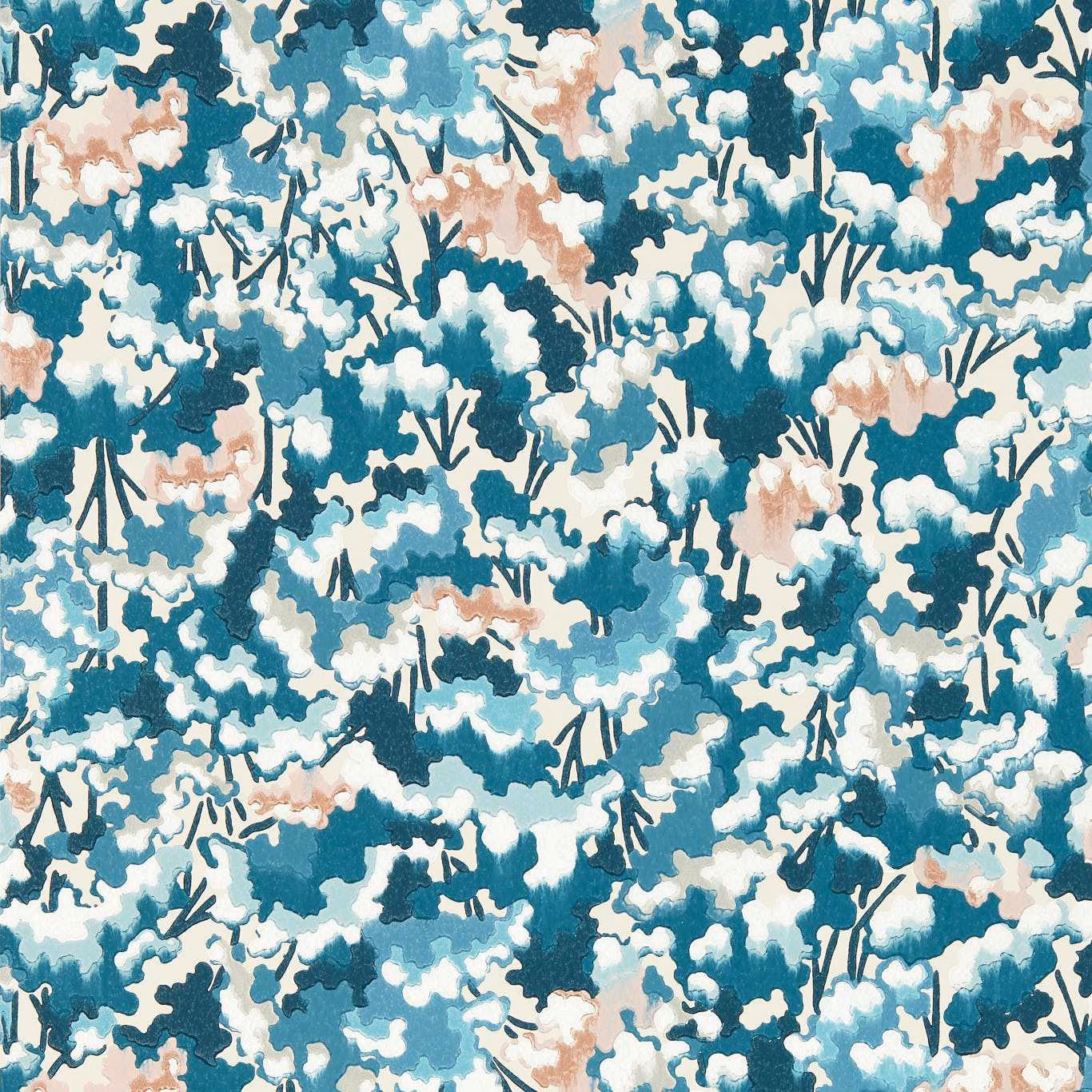 Dense teal floral wallpaper with pale blue, white and blush botanical accents
