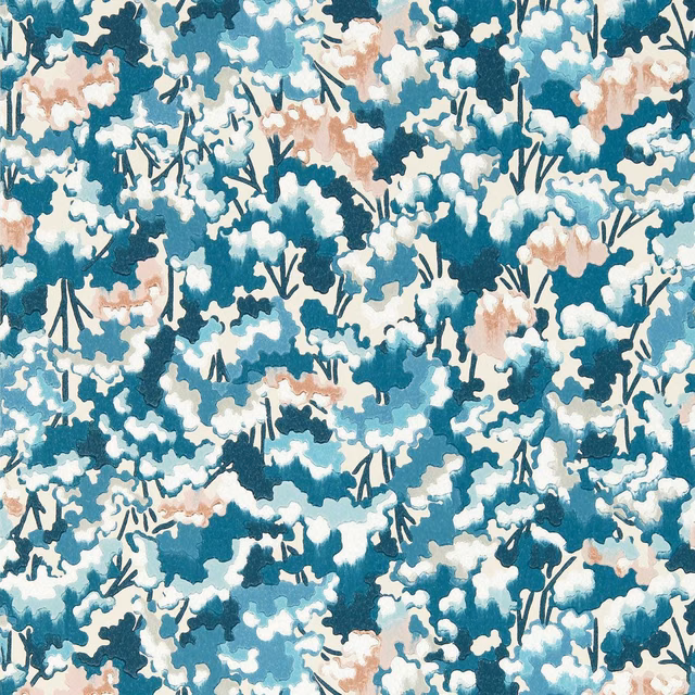 Dense teal floral wallpaper with pale blue, white and blush botanical accents