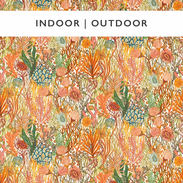 Dense Acropora botanical print in coral, teal, sage and mustard on cream