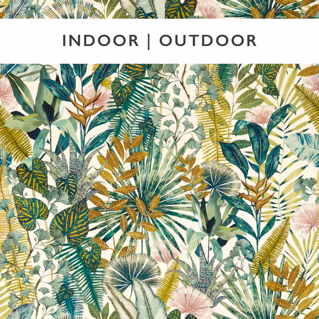 Ivory botanical print with bleached coral blooms, succulent greens and fan palms
