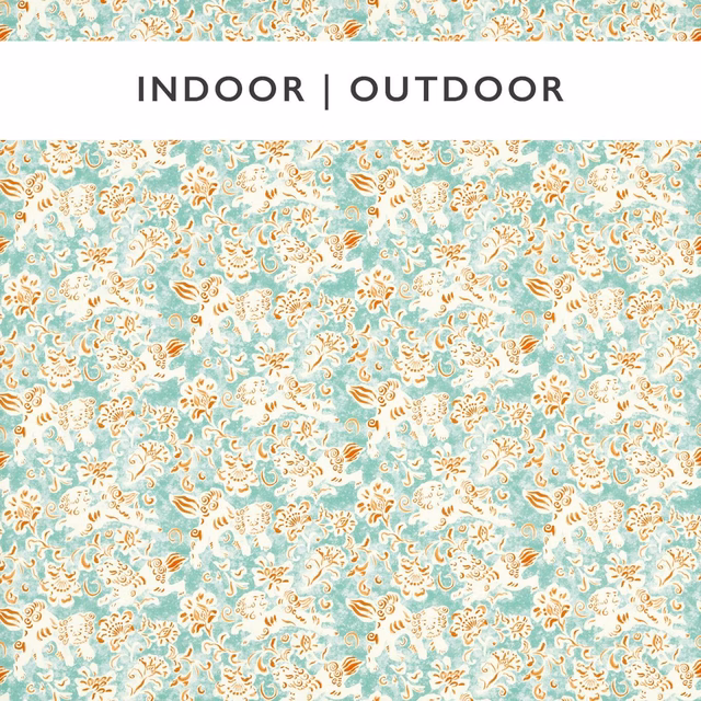 Pale aqua textile with cream scrolling florals and paprika botanical accents