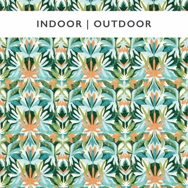 Green botanical print with pale blue leaves and paprika flowers
