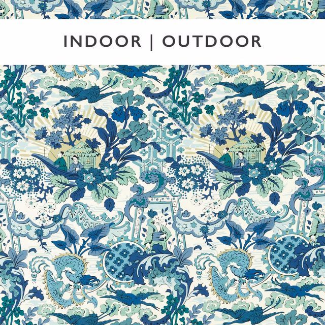 Ink blue, teal and sage outdoor fabric with dragons, birds and dense foliage