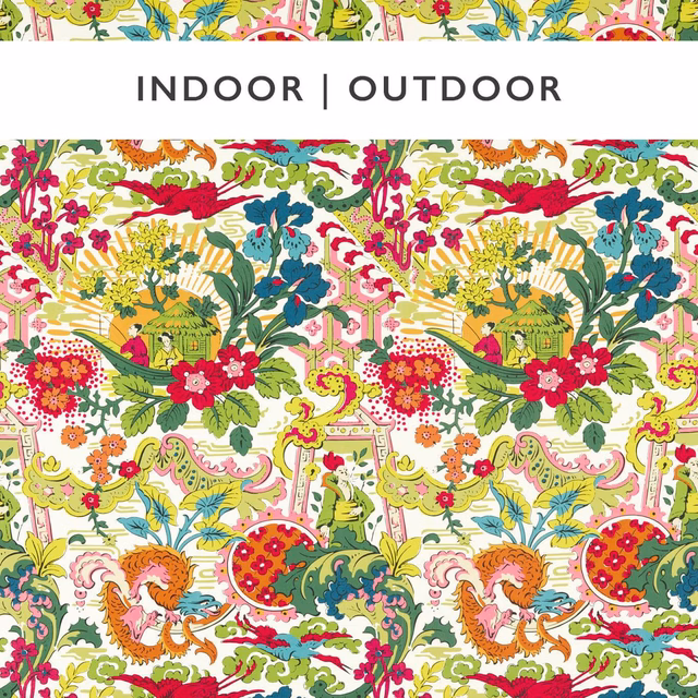 Cream botanical outdoor fabric with pomegranate red flowers, birds and leafy green foliage
