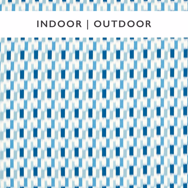 Close-up of cool indigo, pale blue and white staggered geometric outdoor fabric