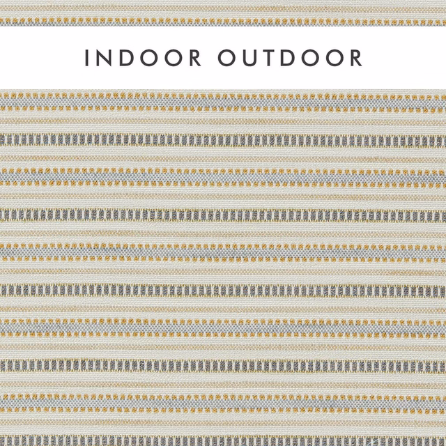 Cream outdoor weave with narrow gold and blue-grey horizontal geometric stripes